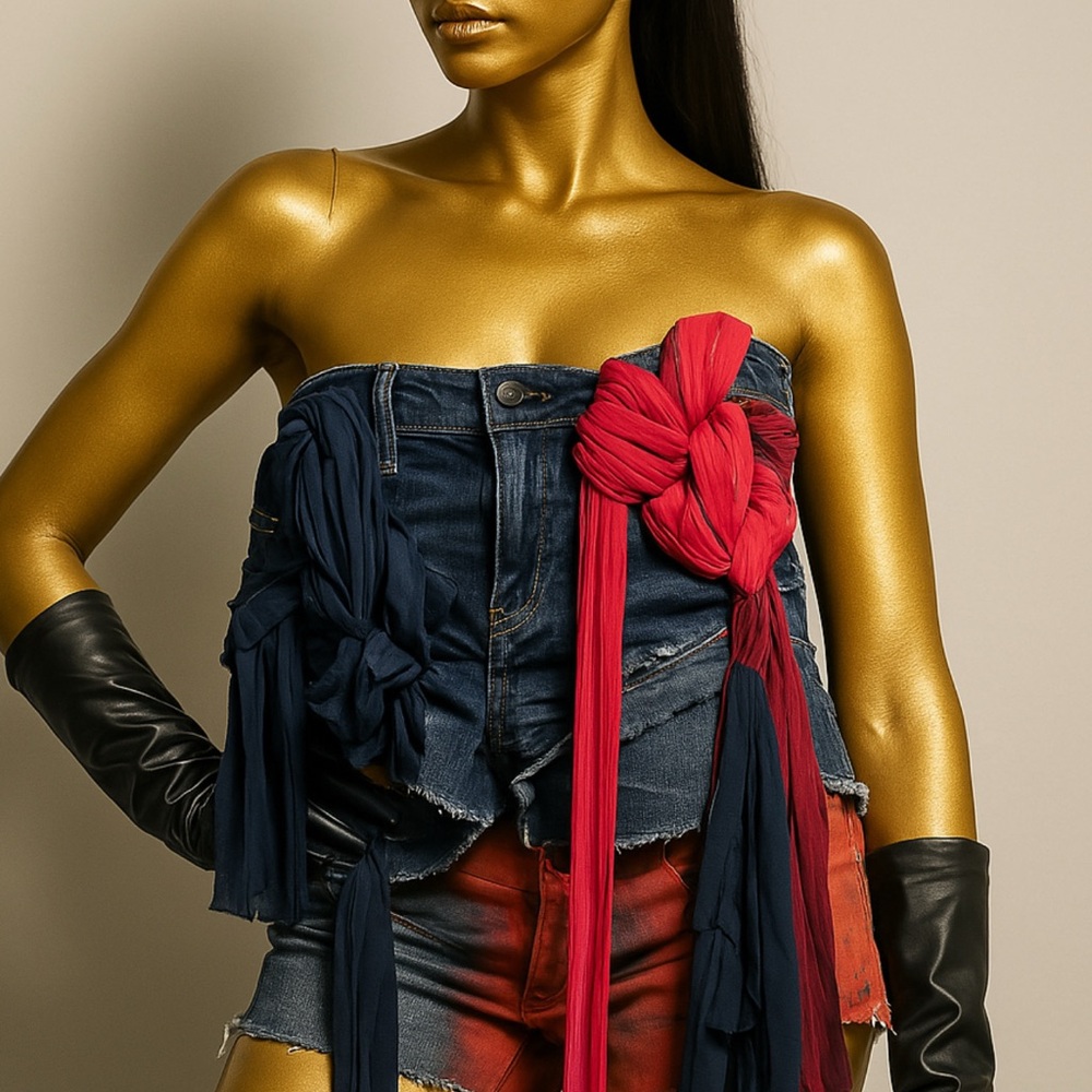 Denim Strapless Top with Red and Blue Accents